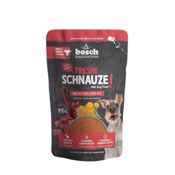 Bosch Freshe Schnauze Nassfutter mit Rind, Hirse und Roter Bete für ausgewachsene Hunde, 250-g-Pouchbeutel.