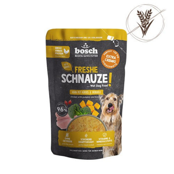 Bosch Freshe Schnauze Nassfutter mit Huhn, Kürbis und Brokkoli, getreidefreies Ergänzungsfutter für ausgewachsene Hunde, 250-g-Pouchbeutel.