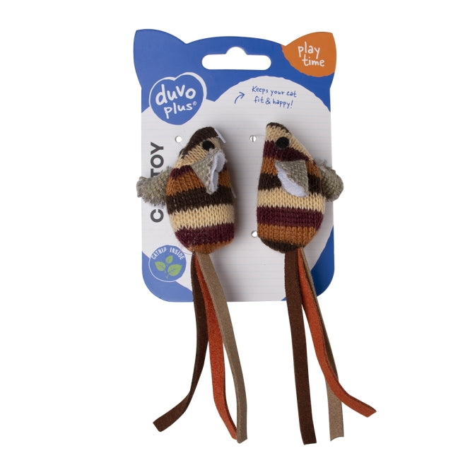 Duvoplus Cat Toy Knitted Katzenspielzeug mit zwei braunen gestrickten Spielmäusen