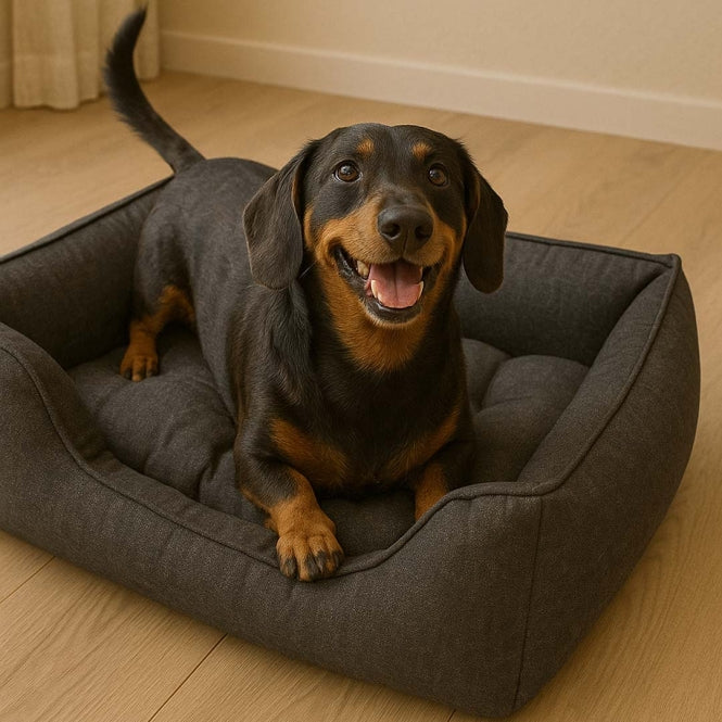 Duvoplus Hundebett Duratex in Dunkelgrau mit breiten gepolsterten Rändern, abnehmbarem Kissen und rutschfester Unterseite.