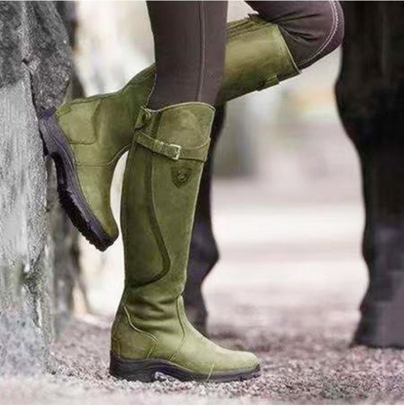 Klassische, modische Westernstiefel mit Knieschnalle, Winterstiefel mit hohem Blockabsatz und runder Spitze für Damen