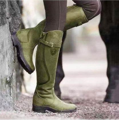 Klassische, modische Westernstiefel mit Knieschnalle, Winterstiefel mit hohem Blockabsatz und runder Spitze für Damen