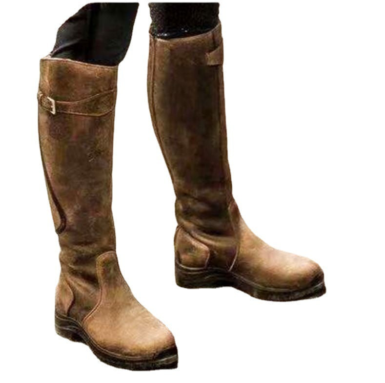 Klassische, modische Westernstiefel mit Knieschnalle, Winterstiefel mit hohem Blockabsatz und runder Spitze für Damen