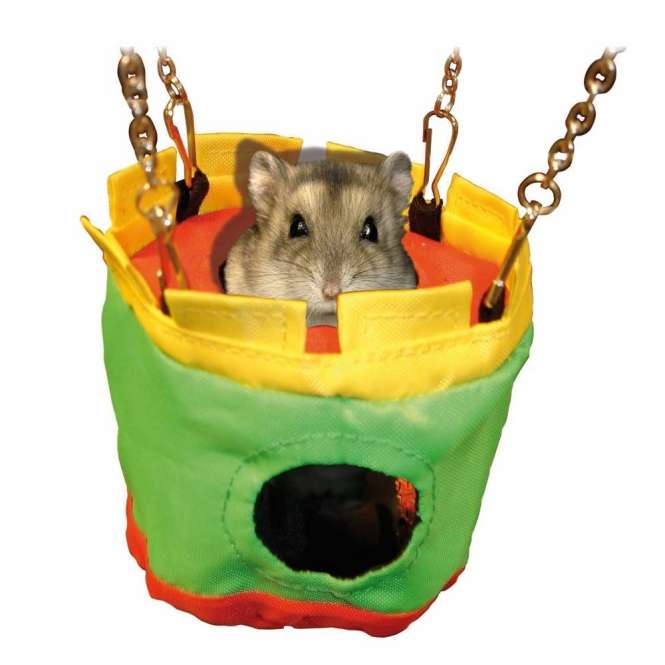 Hamsterhäuschen Chateau aus knisterndem Nylon mit Metallketten zum Aufhängen am Käfiggitter