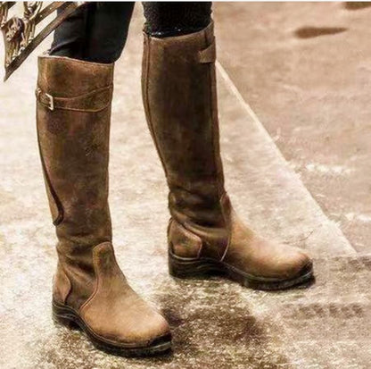Klassische, modische Westernstiefel mit Knieschnalle, Winterstiefel mit hohem Blockabsatz und runder Spitze für Damen