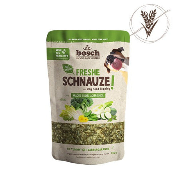 Bosch Freshe Schnauze Veggie Topping Grün mit Zucchini, Spinat, Brokkoli und Fenchel als veganes Ergänzungsfutter für Hunde.