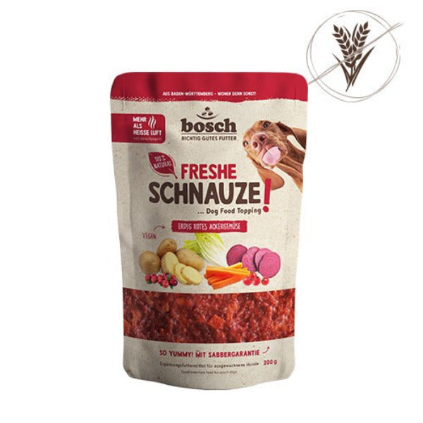 Bosch Freshe Schnauze Veggie Topping Rot mit Roter Bete, Karotten, Kartoffeln und Hagebutten als veganes Ergänzungsfutter für Hunde.