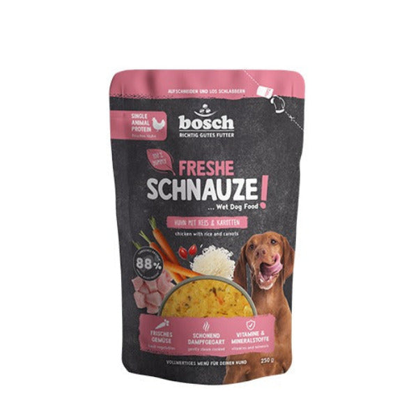Bosch Freshe Schnauze Huhn mit Reis und Karotten, Nassfutter als Ergänzungsfutter für ausgewachsene Hunde, 250-g-Pouchbeutel.