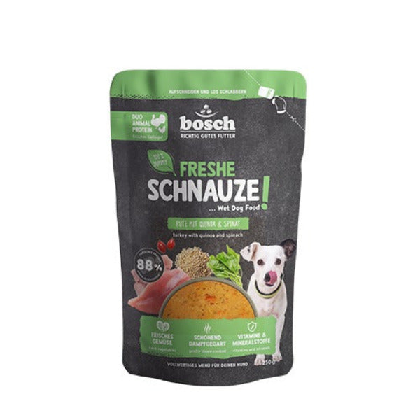 Bosch Freshe Schnauze Nassfutter mit Pute, Huhn, Quinoa und Spinat für ausgewachsene Hunde, 250-g-Pouchbeutel.