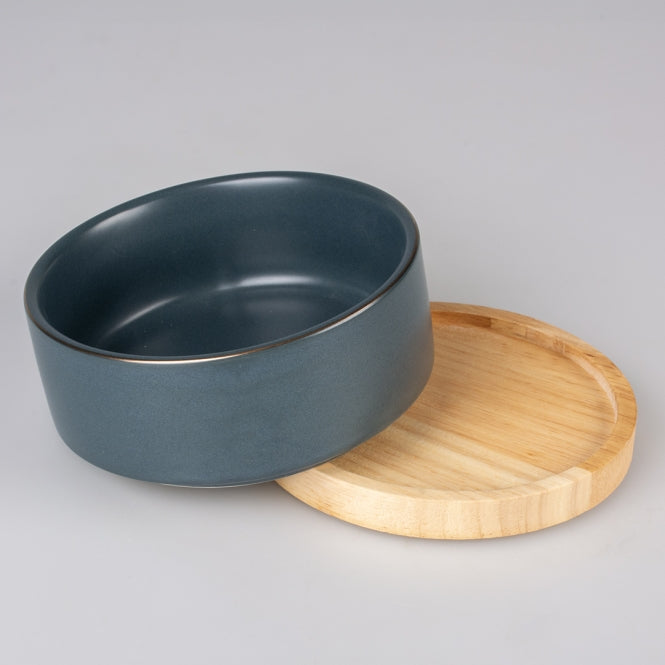 duvoplus Keramiknapf Stone Timber Blau 450 ml mit Holzsockel