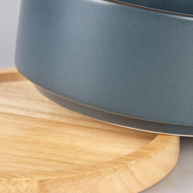 duvoplus Keramiknapf Stone Timber Blau 450 ml mit Holzsockel