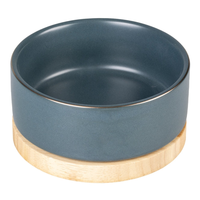 duvoplus Stone Timber Keramiknapf in Blau mit Holzsockel, 450 ml Fassungsvermögen, 12,5 cm breit.