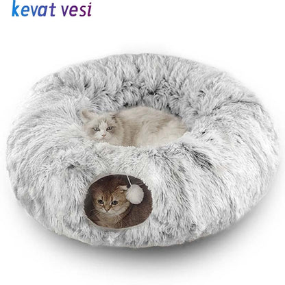 Plüschiges, warmes Katzenbett mit Tunnel für Hauskatzen
