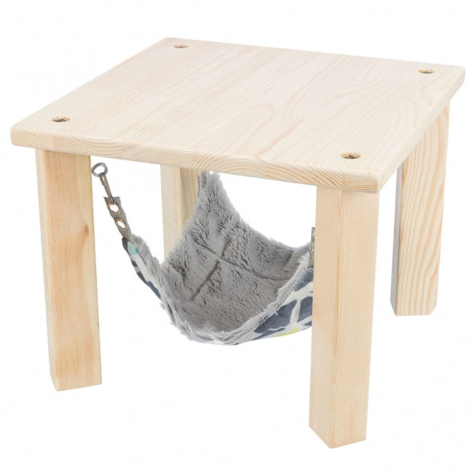 Kleintierhaus aus unbehandeltem Holz mit abnehmbarer Plüsch-Hängematte in Bunt und Grau, 37 × 29 × 37 cm
