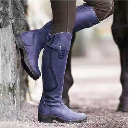 Klassische, modische Westernstiefel mit Knieschnalle, Winterstiefel mit hohem Blockabsatz und runder Spitze für Damen