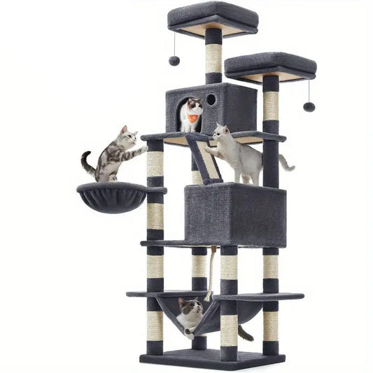 "Kreativer, mehrlagiger Katzenkratzbaum mit integrierten Kratzsäulen und Kletterelementen"