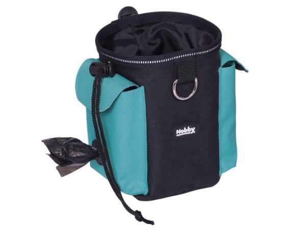 Nobby Snacktasche 2 in 1 in Blau aus robustem Nylon mit Reflektorstreifen, Gürtelbefestigung und integriertem Kotbeutelspender.