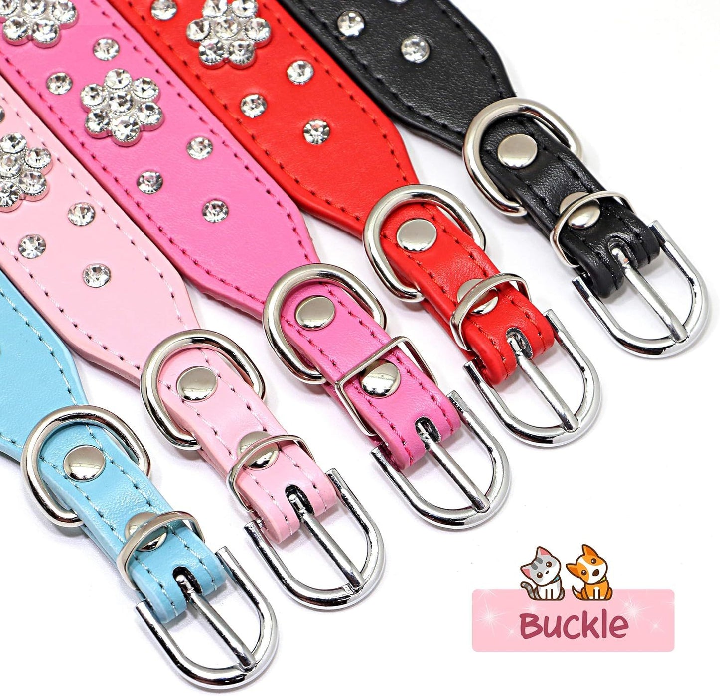 Niedliches Hundehalsband aus PU-Leder mit Strass-Blumenmuster und Nieten, passend für kleine und mittelgroße Hunde