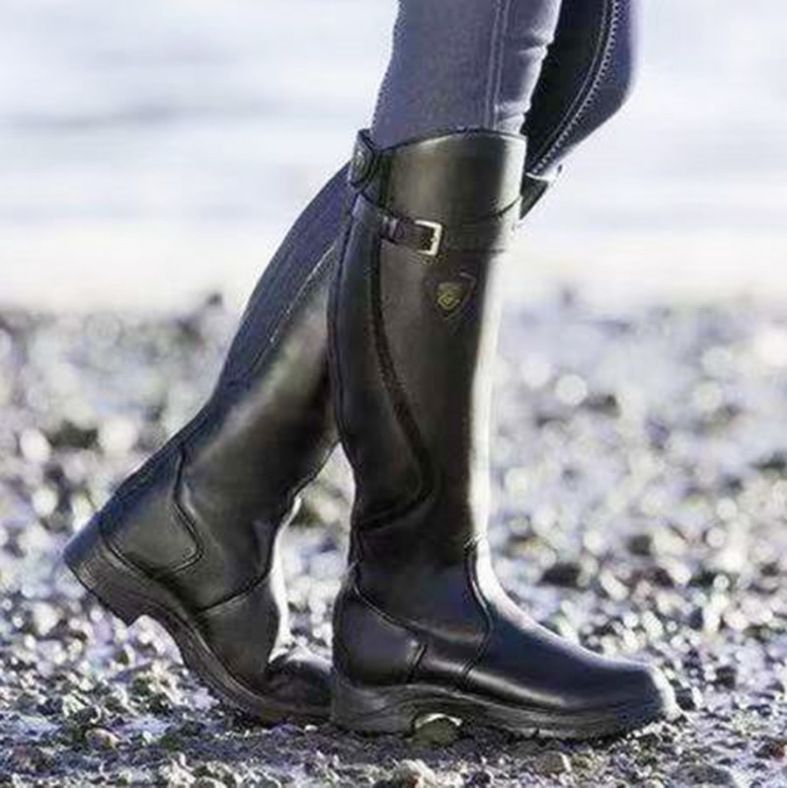 Klassische, modische Westernstiefel mit Knieschnalle, Winterstiefel mit hohem Blockabsatz und runder Spitze für Damen
