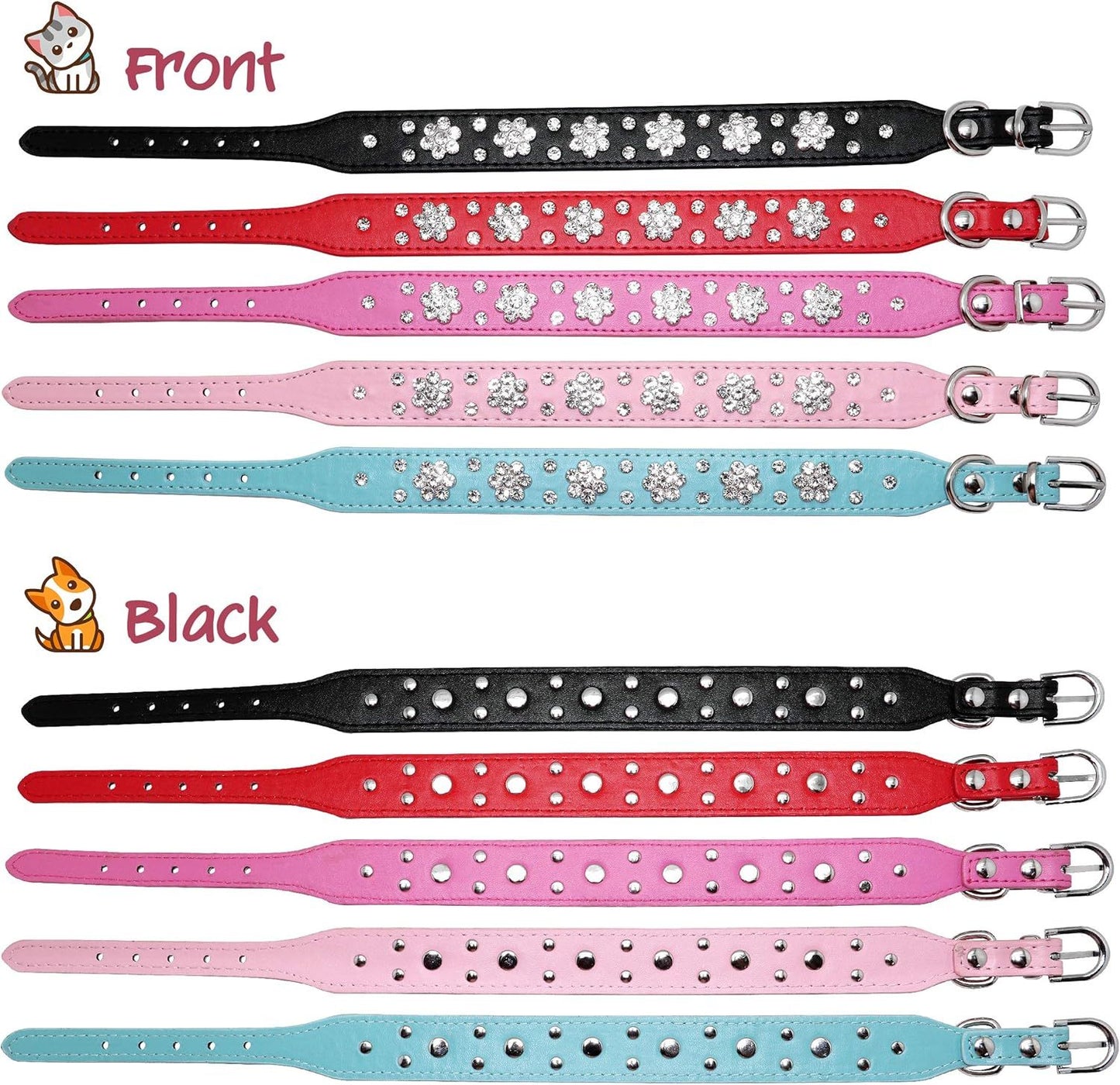 Niedliches Hundehalsband aus PU-Leder mit Strass-Blumenmuster und Nieten, passend für kleine und mittelgroße Hunde
