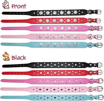 Niedliches Hundehalsband aus PU-Leder mit Strass-Blumenmuster und Nieten, passend für kleine und mittelgroße Hunde