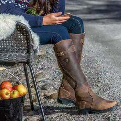 Klassische, modische Westernstiefel mit Knieschnalle, Winterstiefel mit hohem Blockabsatz und runder Spitze für Damen