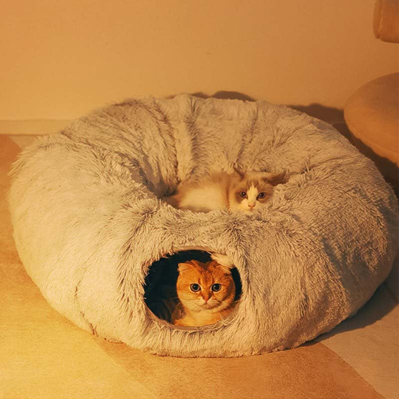 Plüschiges, warmes Katzenbett mit Tunnel für Hauskatzen