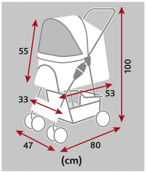Trixie Buggy für Hunde mit vier Rädern, gefederten Vorderrädern, Belüftungsnetzen und gepolstertem Innenkissen.