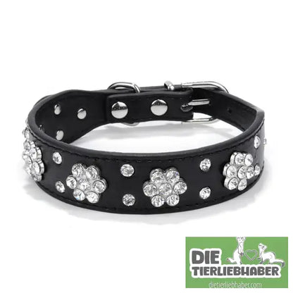 Hundehalsband aus PU-Leder mit Strass-Blumenmuster und Nieten - Black / M - Haustierbedarf