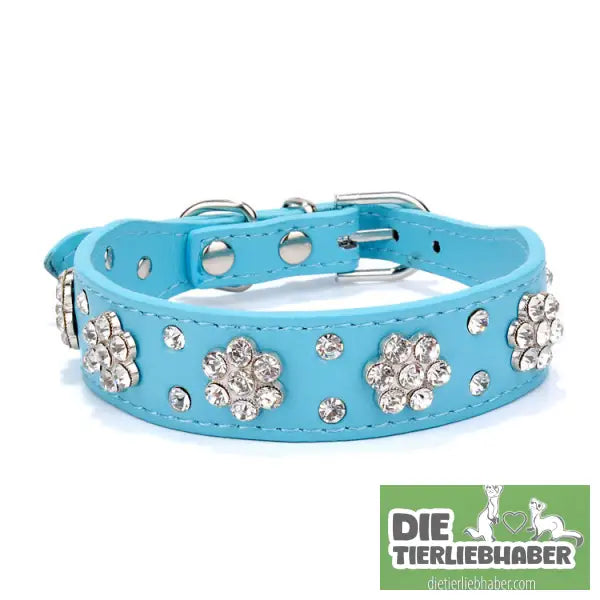 Hundehalsband aus PU-Leder mit Strass-Blumenmuster und Nieten - Blue / M - Haustierbedarf