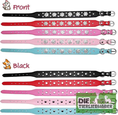 Hundehalsband aus PU-Leder mit Strass-Blumenmuster und Nieten - Haustierbedarf