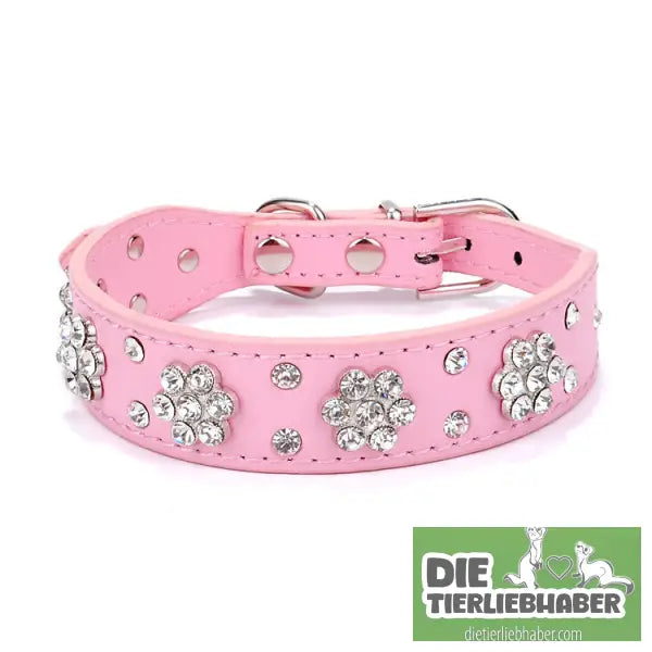 Hundehalsband aus PU-Leder mit Strass-Blumenmuster und Nieten - Pink / M - Haustierbedarf
