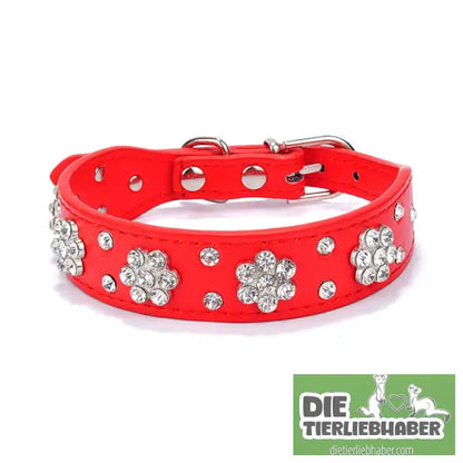 Hundehalsband aus PU-Leder mit Strass-Blumenmuster und Nieten - Red / M - Haustierbedarf