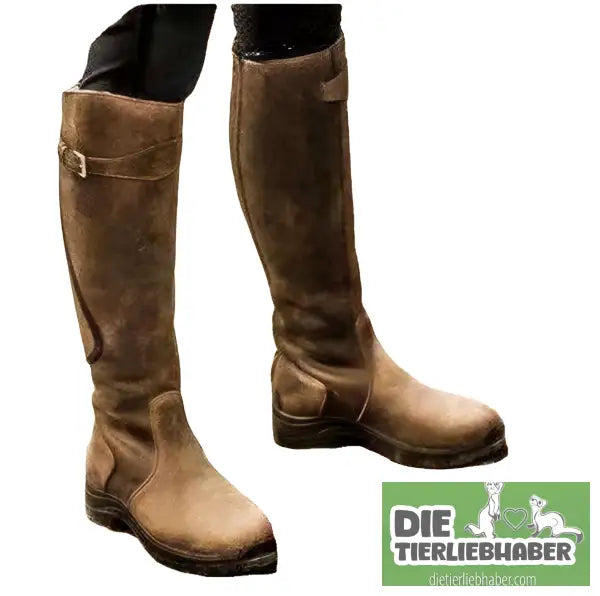 Klassische modische Westernstiefel mit Knieschnalle Winterstiefel mit hohem Blockabsatz und runder Spitze für Damen
