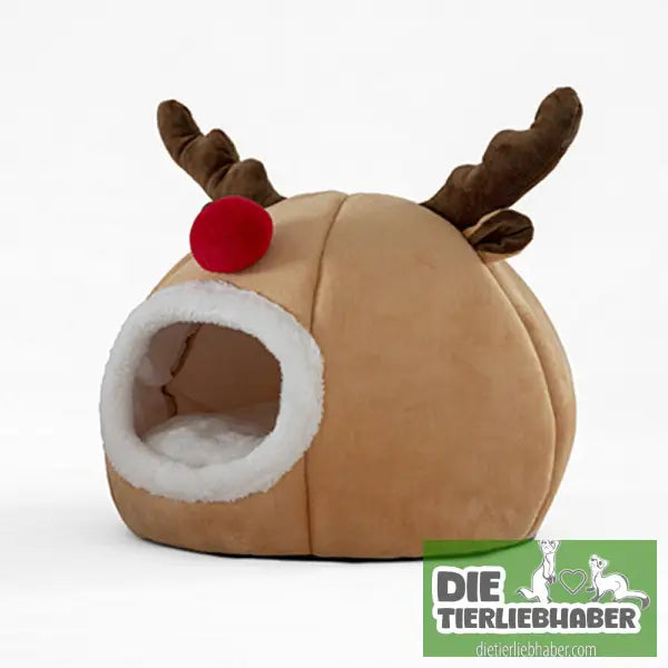 Kuschelhöhle im Rentierdesign - Flauschiger Liegeplatz für Hund Katzen F