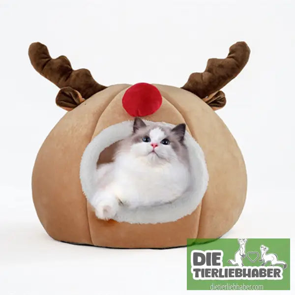 Kuschelhöhle im Rentierdesign - Flauschiger Liegeplatz für Hund Katzen F