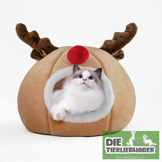 Kuschelhöhle im Rentierdesign - Flauschiger Liegeplatz für Hund Katzen F