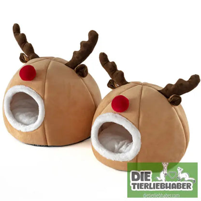 Kuschelhöhle im Rentierdesign - Flauschiger Liegeplatz für Hund Katzen F