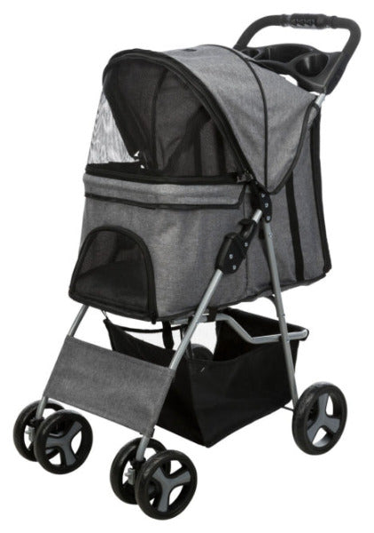 Trixie Buggy für Hunde mit vier Rädern, gefederten Vorderrädern, Belüftungsnetzen und gepolstertem Innenkissen.