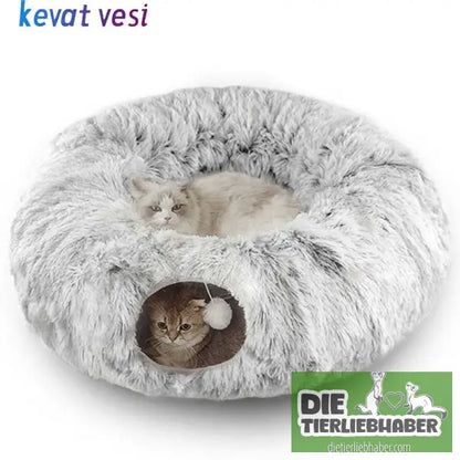 Plüschiges warmes Katzenbett mit Tunnel für Hauskatzen - Color - Flauschiger Liegeplatz für Hund Katzen F