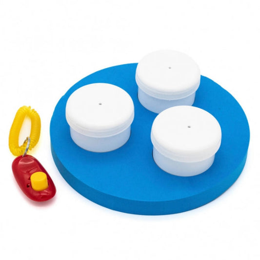 Hunde Schnüffel-Set mit Geruchsbehältern, Klicker und EVA-Kunststoffring für artgerechte Beschäftigung und Geruchstraining.