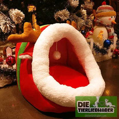 Weihnachtliche Höhle für kleine Hunde und Katzen - Christmas / L - Flauschiger Liegeplatz für Hund Katzen F